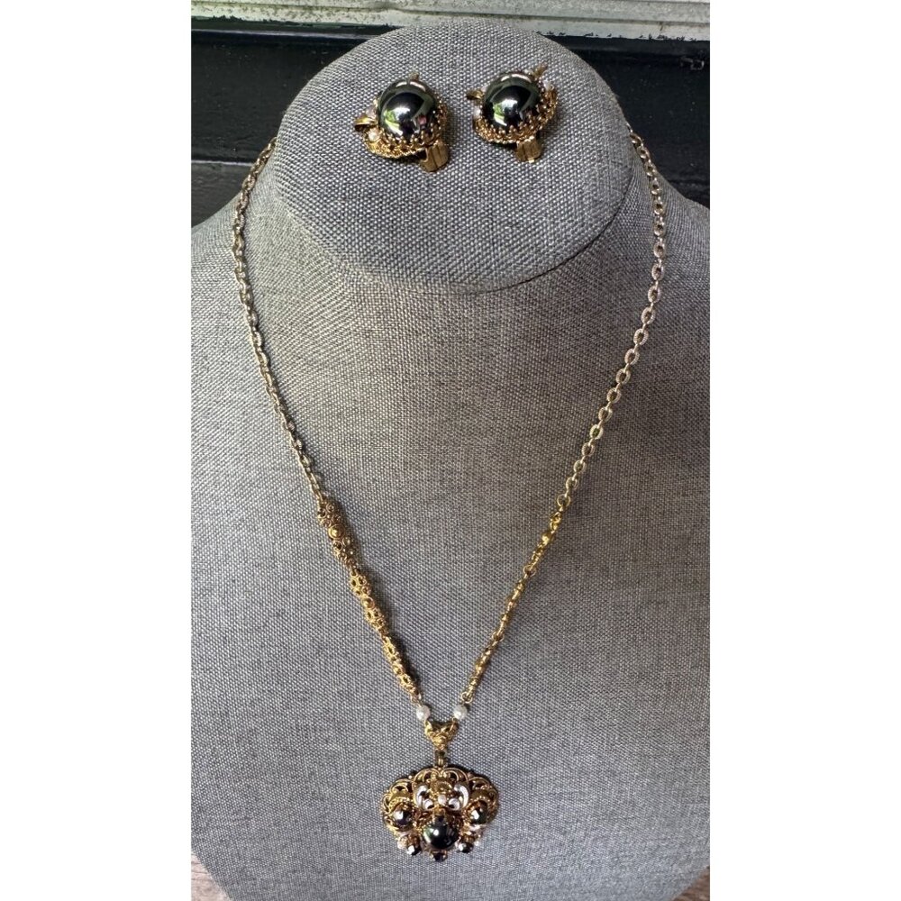 West Germany Hematite Necklace And Clip On Earrings Gold Filigree